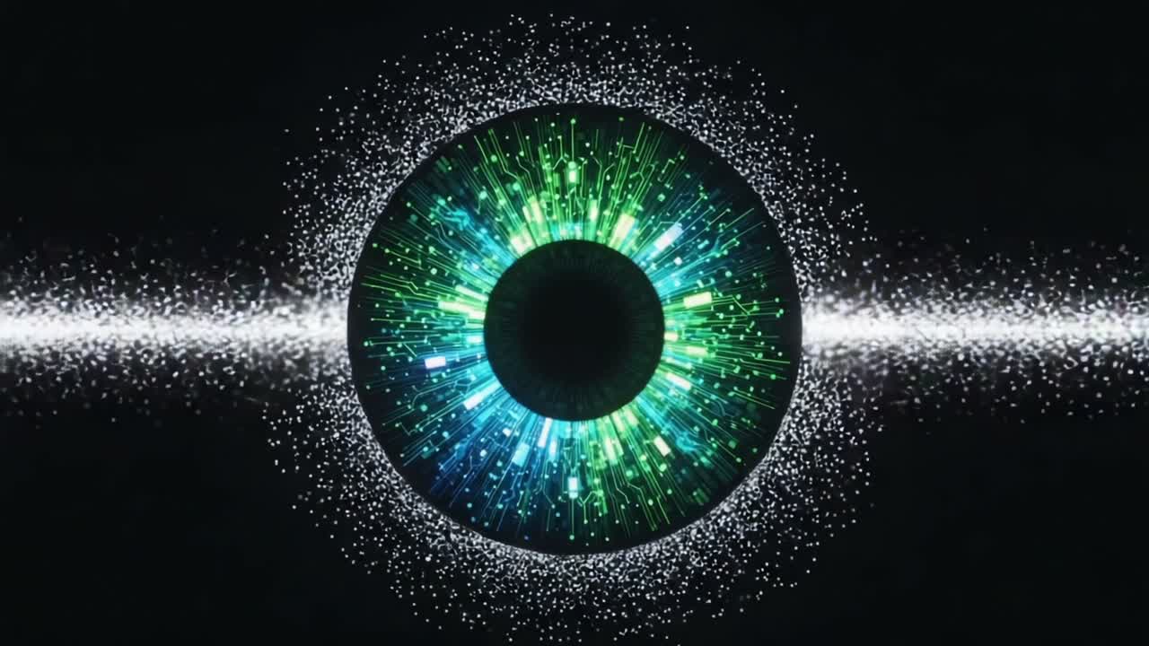 Dynamic Visual Representation of an Eye-like Orb with Radiating Light Patterns and Sparkling Effects Against a Dark Background, Highlighting Intricate Details and Colorful Components