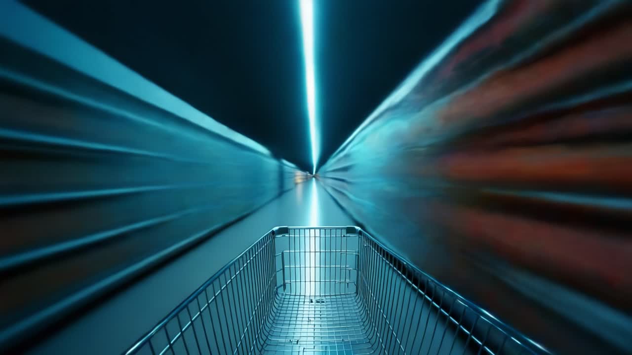 An immersive journey through a vibrant grocery store, where the motion of shopping carts and colorful shelves illuminates the fast-paced world of modern retail experiences
