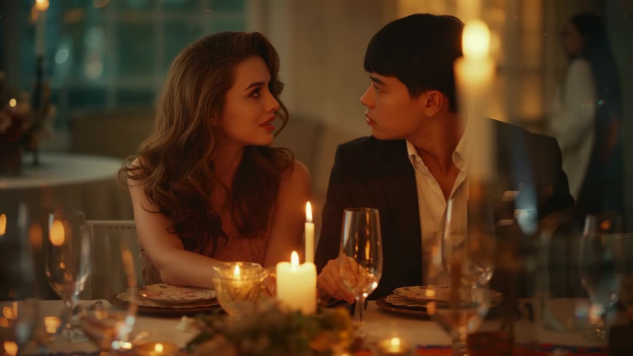 Noticing candle flickering, couple turning toward each other at restaurant, sharing intimate moment
