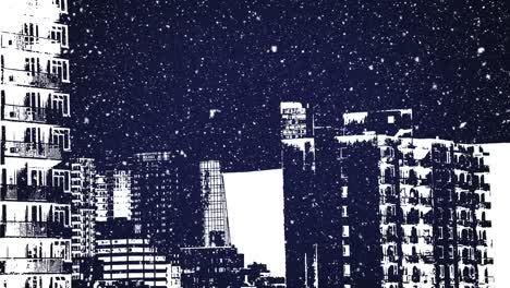 animation of white christmas snow falling over modern buildings and night sky