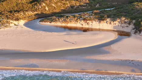 los surfistas caminan sobre la entrada del océano en el río margaret al atardecer