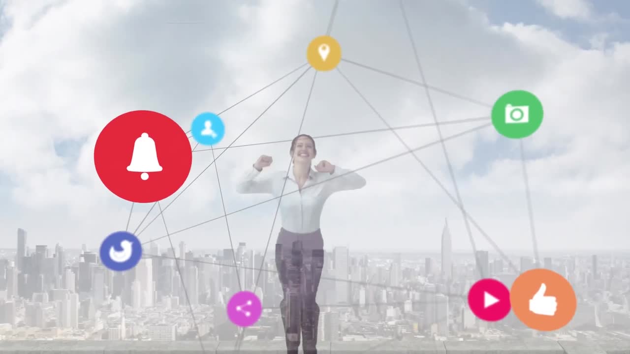 카우카스 여성이 도시 풍경 위에서 행복으로 점프하는 라인과 연결된 아이콘의 애니메이션