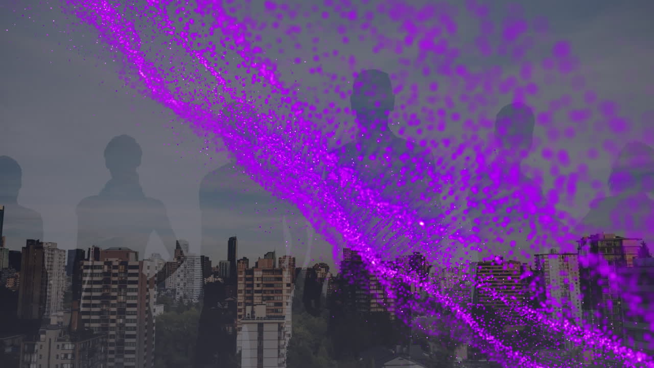 도시 풍경 위에 파란 반점과 사업가들의 애니메이션