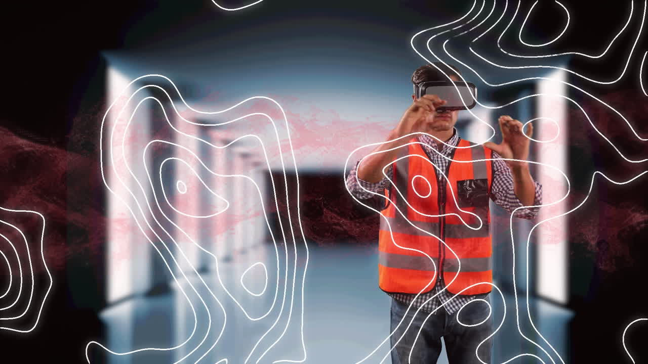 topografía y onda digital roja sobre arquitecto masculino con auriculares vr
