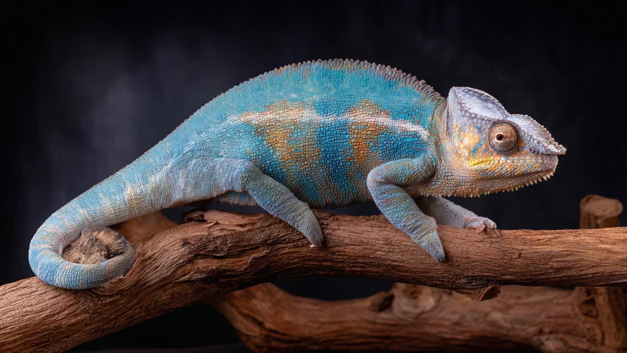 Captivating Close-Up of a Colorful Chameleon Resting on a Branch, Showcasing Its Vibrant Blue and Green Patterns Against a Dark Background