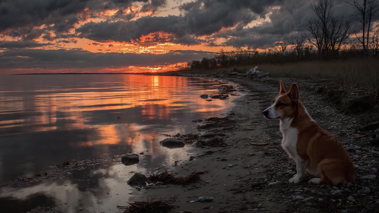 Una sera tranquilla in riva all'acqua: un Corgi siede in silenzio sulla riva, osservando il tramonto dorato riflesso sulla superficie calma dell'acqua.
