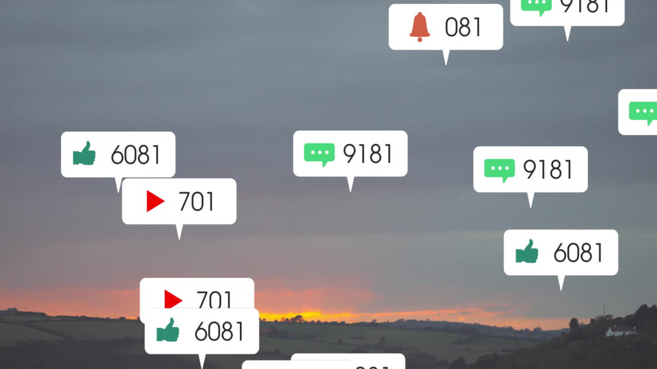 Floating animation of social media notifications over scenic sunset landscape