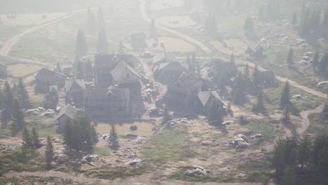 old wooden village on the rocky mountain background