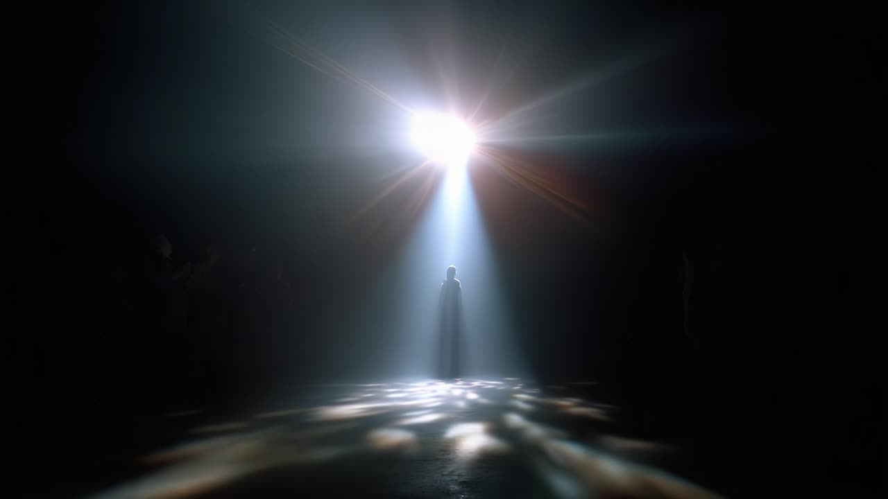 Una figura affascinante illuminata da un fascio di luce, circondata da ombre e riflessi, crea un’atmosfera drammatica e misteriosa che cattura l’attenzione.