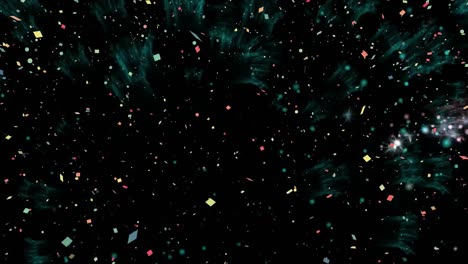 animation of colourful fireworks exploding and falling confetti on black background