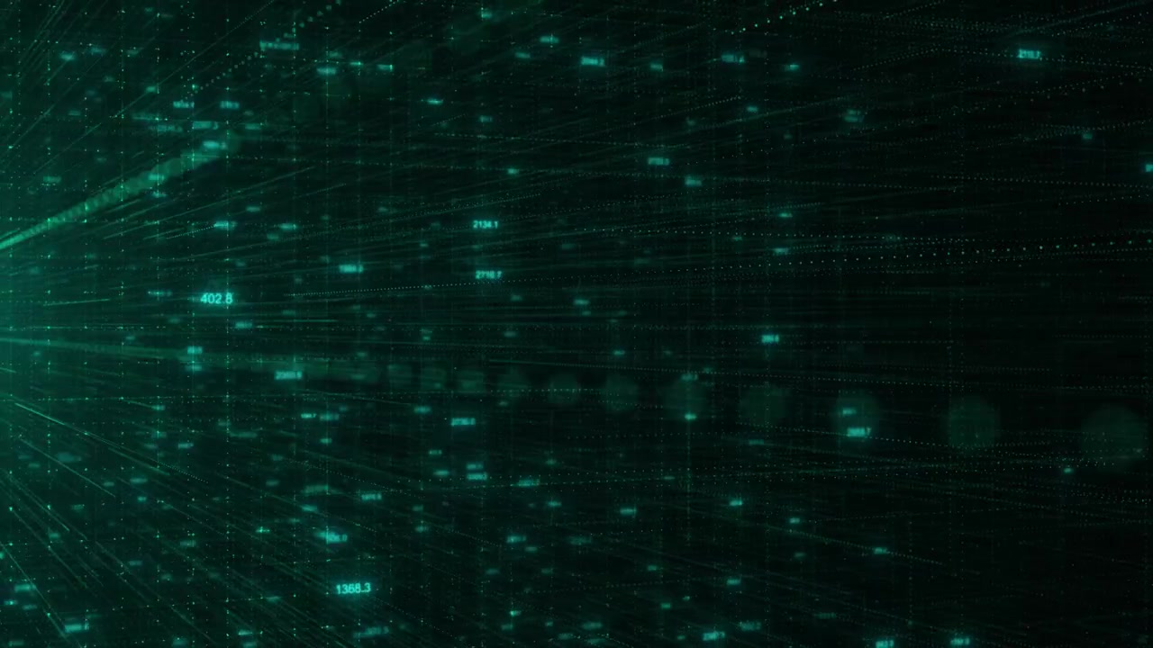 Emerald cyber data stream visual with layered numeric points glowing grid trails and deep digital