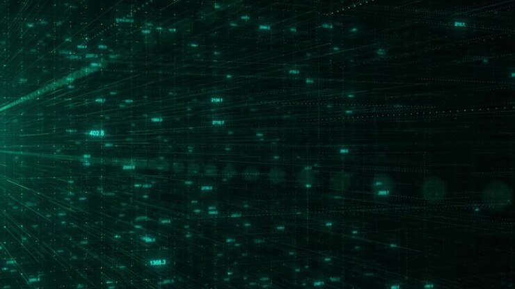 Emerald cyber data stream visual with layered numeric points glowing grid trails and deep digital