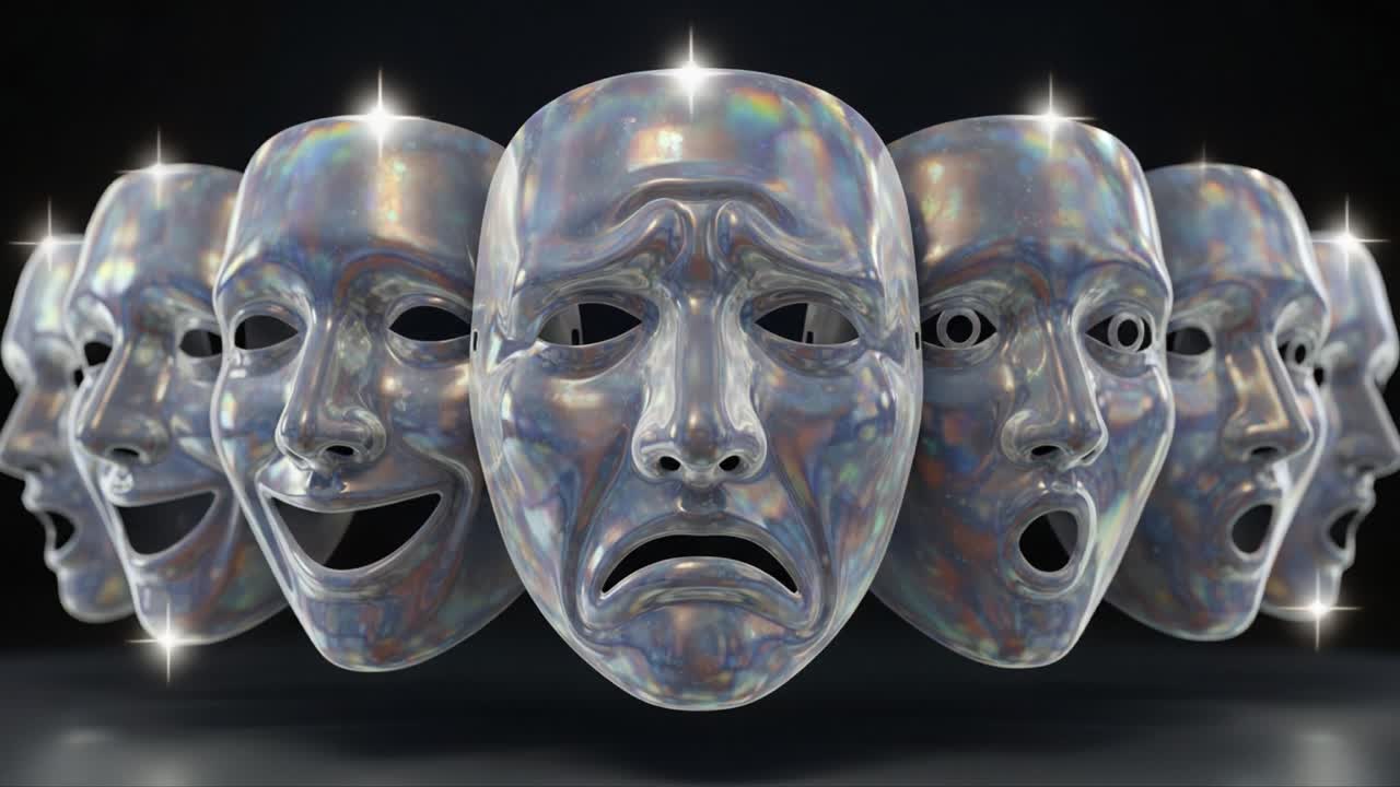 A captivating exploration of human emotions depicted through a series of expressive transparent masks showcasing joy, sadness, surprise, and anger in a striking visual presentation