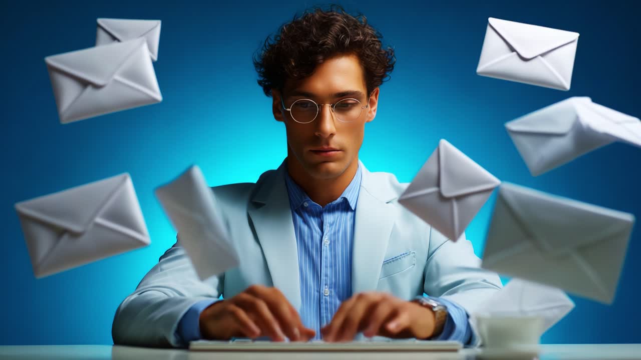 A Focused Young Professional Engaging with Digital Communication Amidst Floating Emails, Symbolizing Productivity and Modern Work Environment, Highlighting the Dynamics of Technology and Connectivity