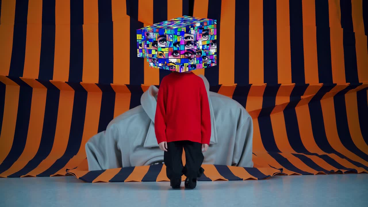 Fashion model is posing wearing red sweater and black pants with multiple eyes collage on head in front of giant eye painting and orange and dark blue striped background