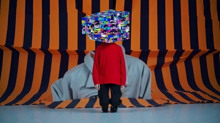 Fashion model is posing wearing red sweater and black pants with multiple eyes collage on head in front of giant eye painting and orange and dark blue striped background