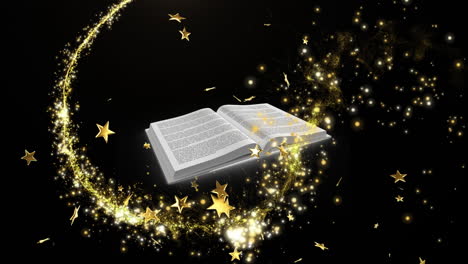 animación de estrellas brillantes y estrellas fugaz sobre un libro abierto sobre fondo negro