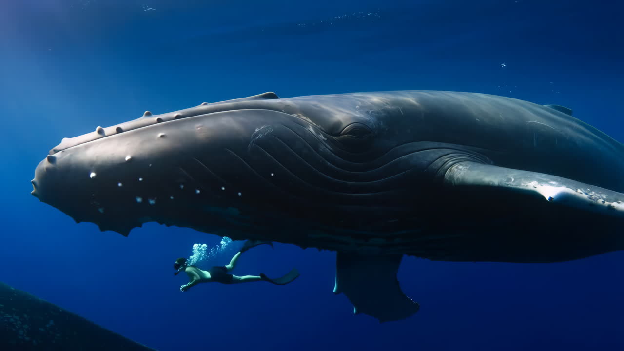 A Diver Swims Alongside a Humpback Whale Underwater