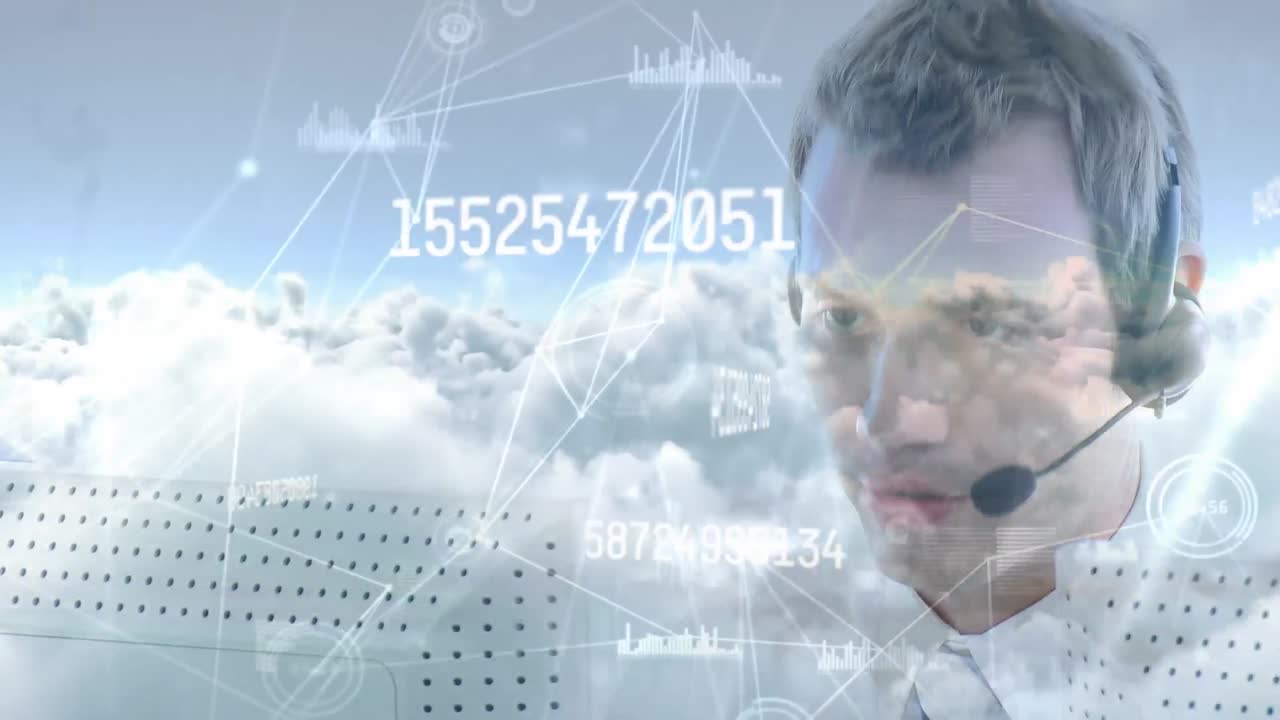 animación de la red de conexiones sobre el hombre de negocios con auriculares en la oficina