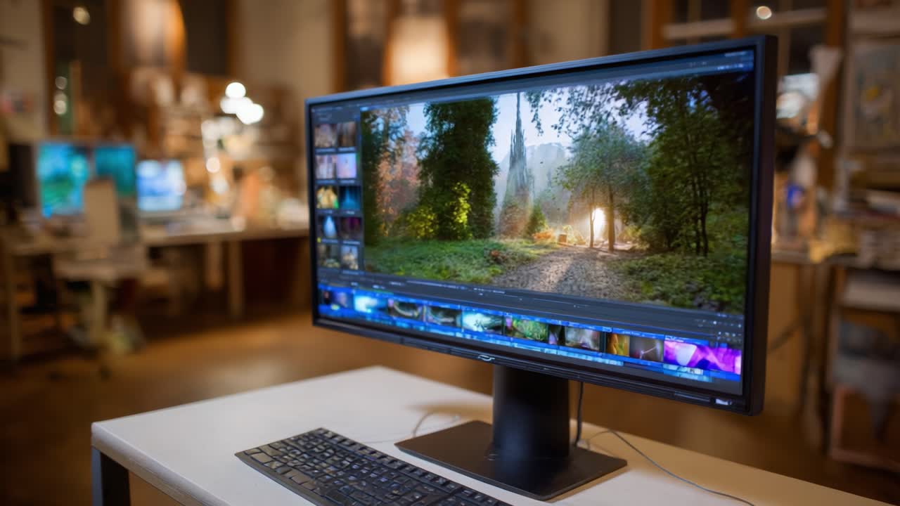 A Computer Monitor Displaying a Serene Forest Scene with a Soft Glow of Light, Showcasing Nature's Beauty in a Contemporary Workspace Setup