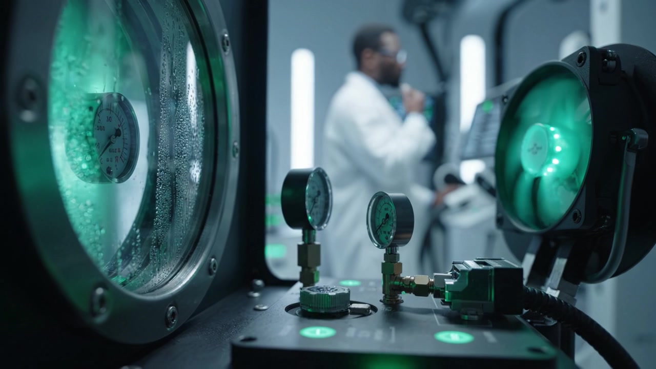 Esplorando la tecnologia avanzata: uno scienziato che monitora strumenti di precisione con luci verdi e manometri in un ambiente di laboratorio ad alta tecnologia.
