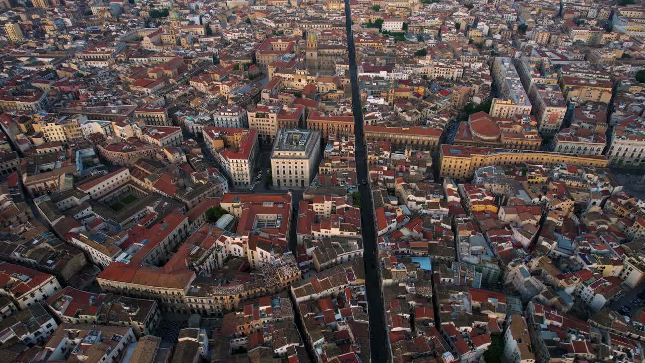 Palermo aerial with views of the historic center and iconic crossroads Quattro Canti. Sicily Italy.