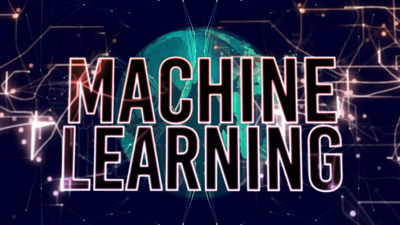 Animation of machine learning text over globe on black background