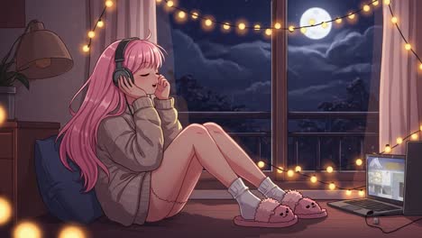 cozy nighttime vibes of a young woman with pink hair enjoying music at home, surrounded by glowing fairy lights and a beautiful moonlit view