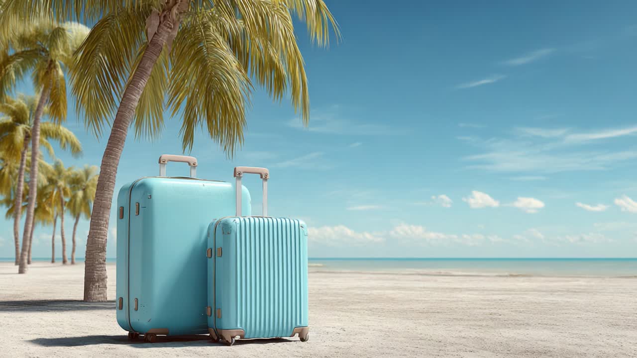 Due eleganti valigie blu su una spiaggia tropicale soleggiata, incorniciate da lussureggianti palme e un tranquillo oceano sullo sfondo, perfette per viaggi di vacanza