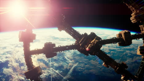 una enorme nave espacial muy detallada se acerca a la tierra.