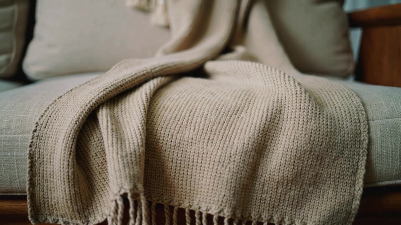 Telecamera in panoramica che mostra un plaid in maglia beige drappeggiato su una seduta chiara con cuscini dello schienale e un bracciolo in legno.