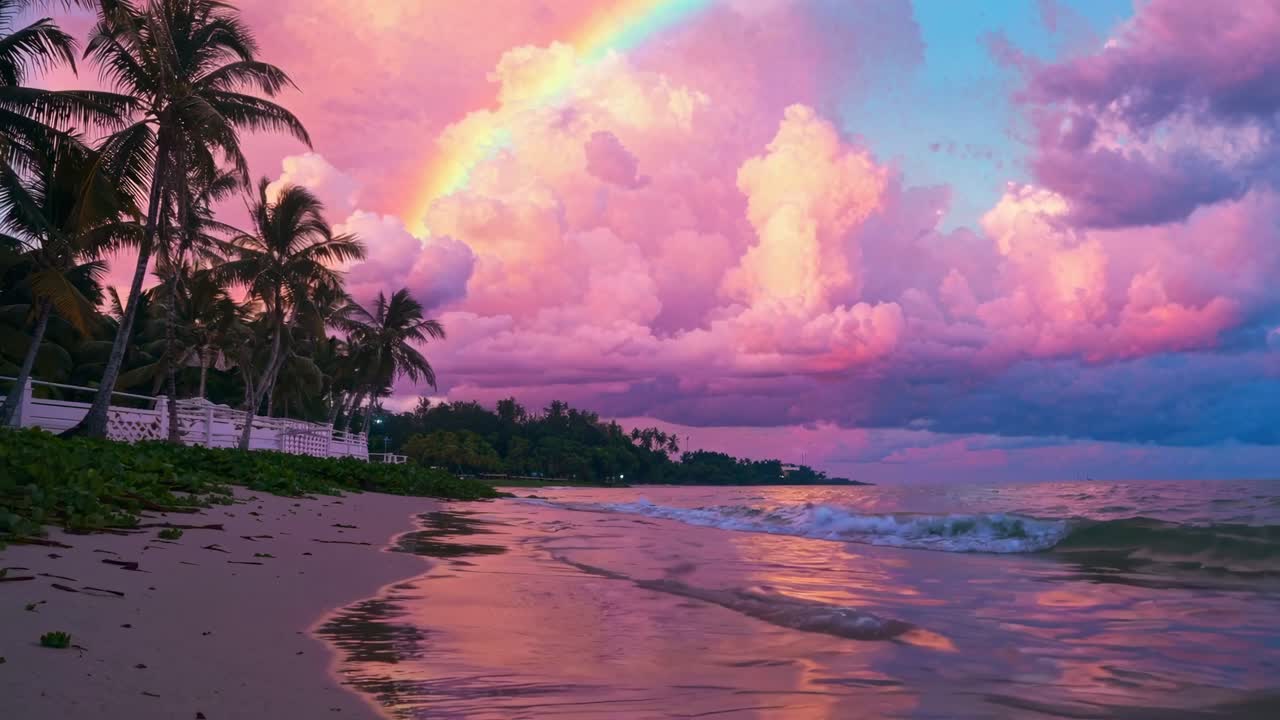 A vibrant beach scene at sunset with a rainbow, captured from a low angle