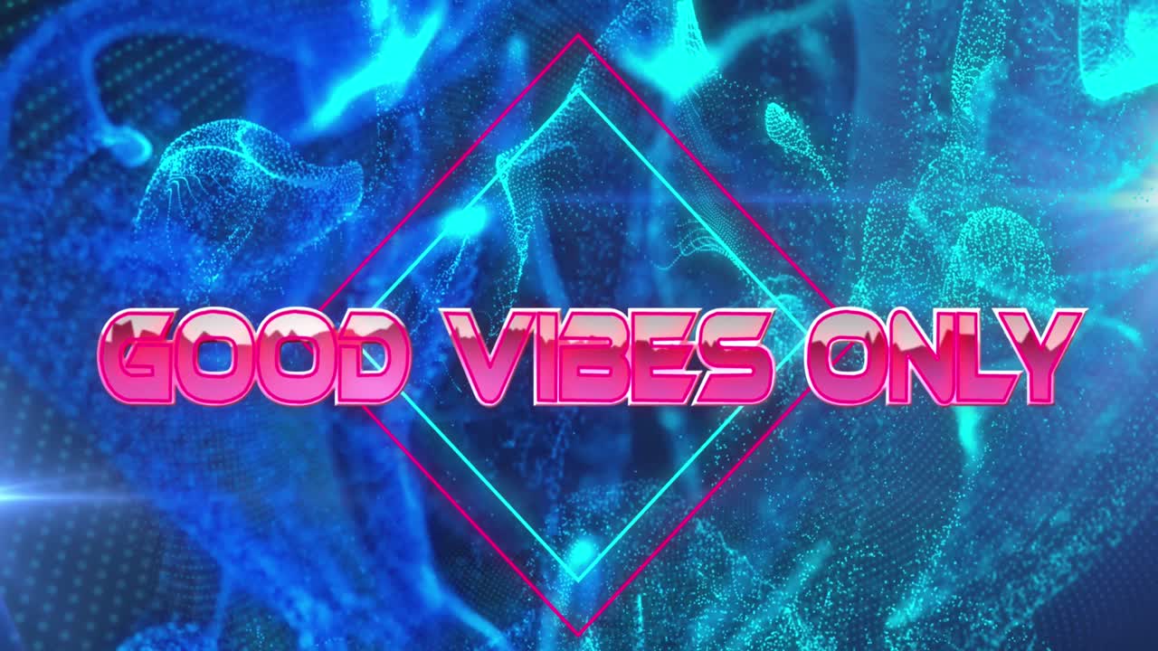 Animation of good vibes only text banner over glowing digital waves against blue background