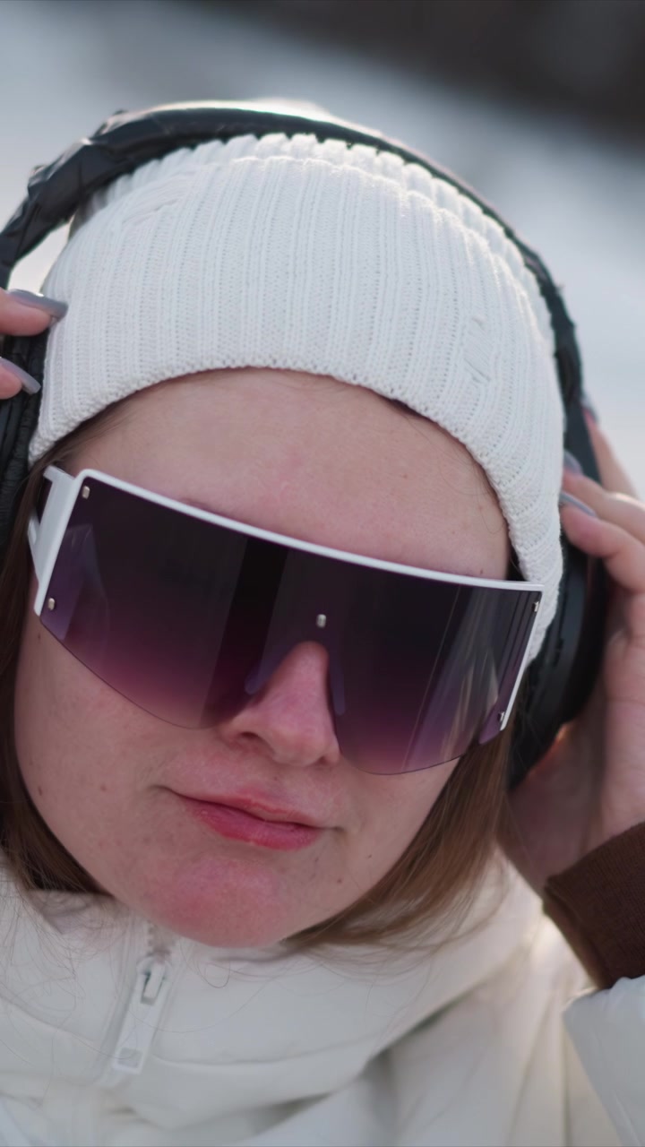 Woman wearing white knit hat and jacket adjusts black headphones while smiling outdoors in bright daylight. Her expression is calm as woman interacts with audio device set against softly