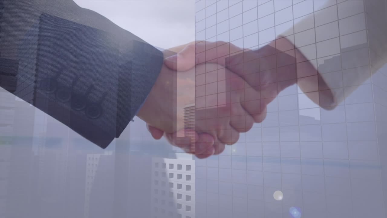 Animación de manos de empresarios caucásicos estrechándose sobre un paisaje urbano