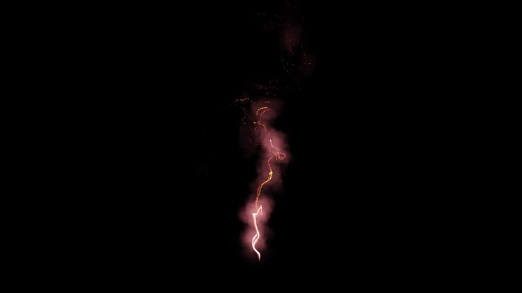 Fumo rosso. Particelle sfocate e fuori fuoco con fumo bianco si muovono verso l'alto. Astrazione, sfondo nero.