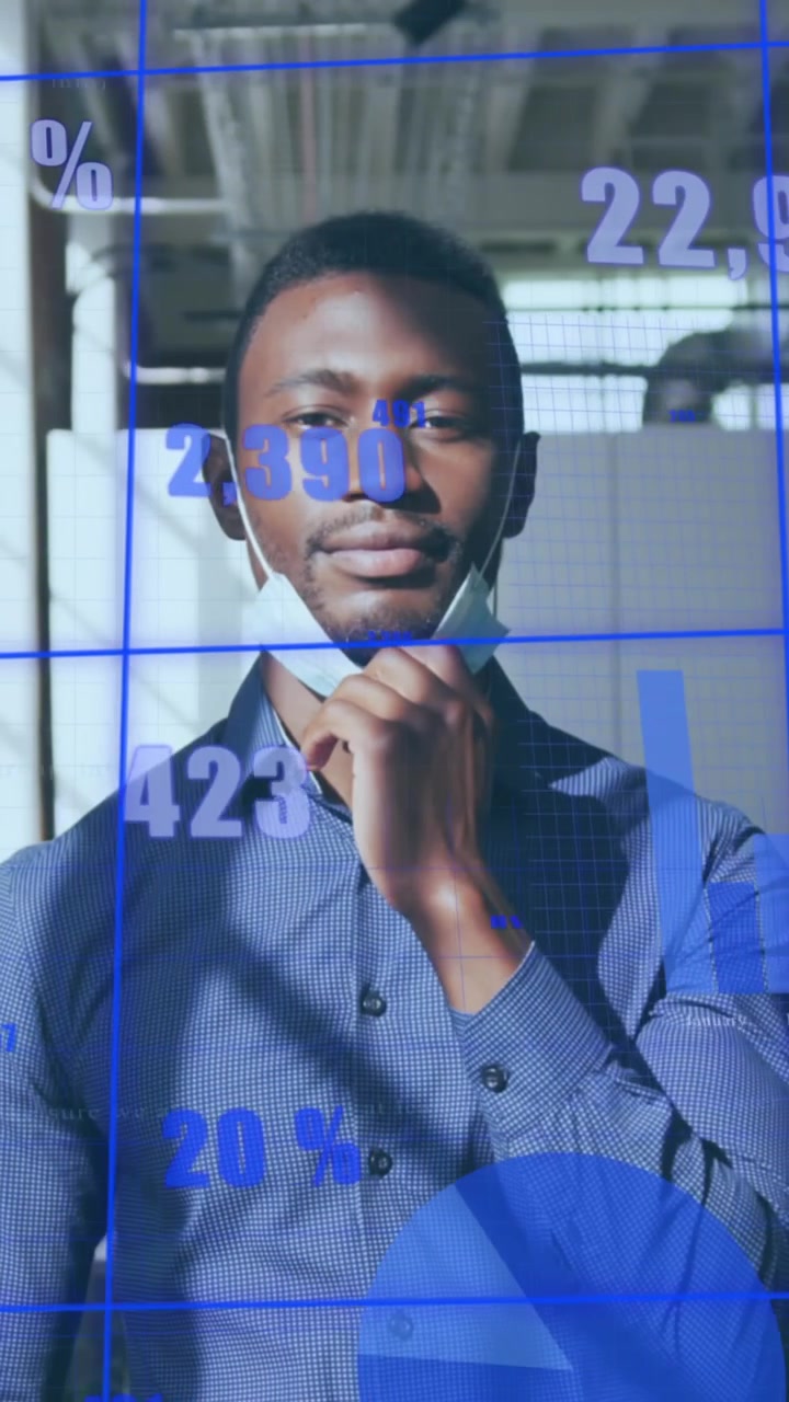 Animation of grid with chart and numbers over portrait of african american businessman in mask