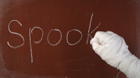 mummy hand writing on a chalkboard