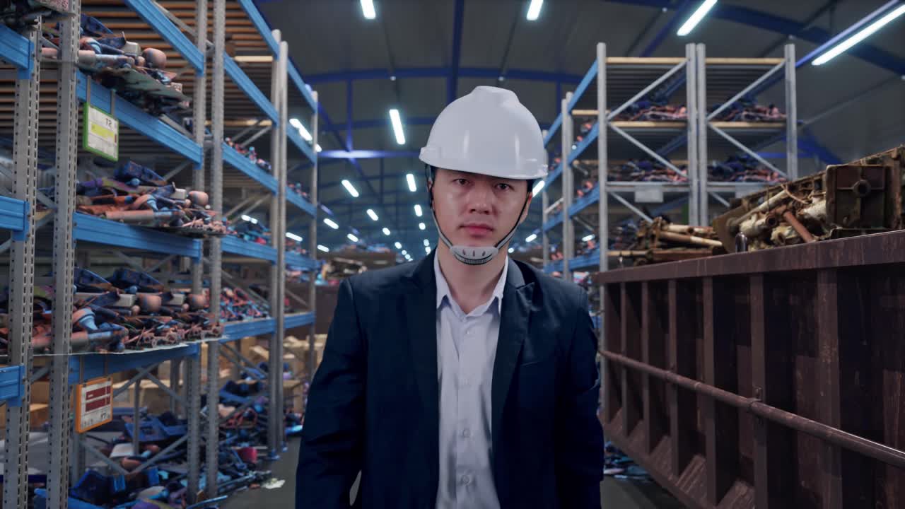 Uomo d'affari asiatico, vista frontale, che cammina e controlla l'ora sull'orologio in un magazzino industriale di rottami metallici e riciclaggio.