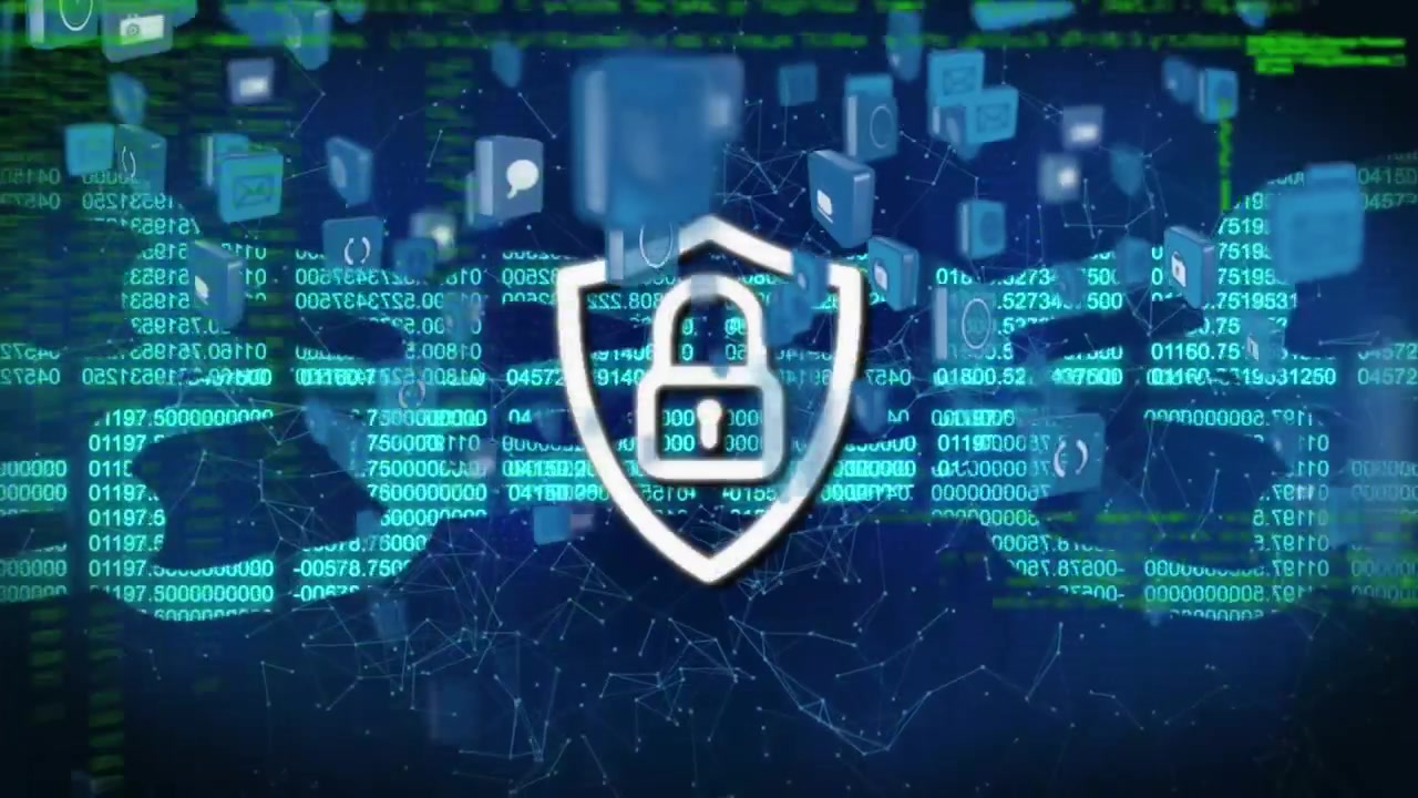 Animazione di un lucchetto in uno scudo, linguaggio informatico, blockchain con numeri che cambiano, punti collegati