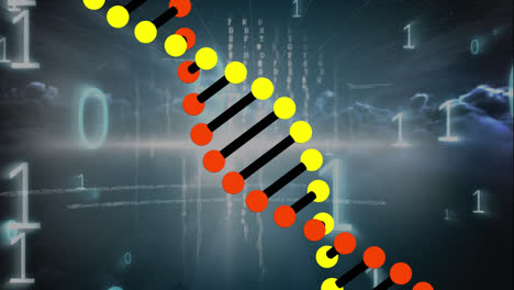 Animación-De-ADN-Sobre-Datos,-Código-Binario-Y-Nubes.