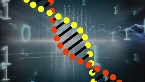 animación de adn sobre datos, código binario y nubes