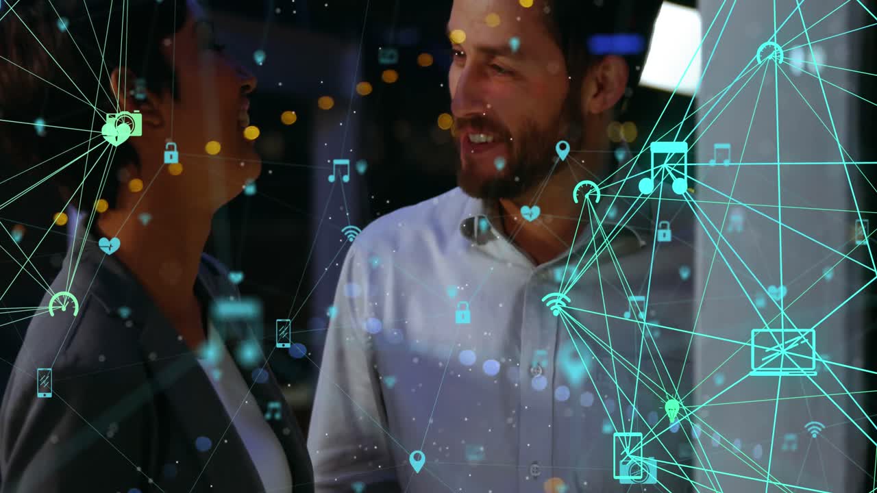 mundo de la red de conexiones contra colegas de oficina discutiendo y estrechando la mano