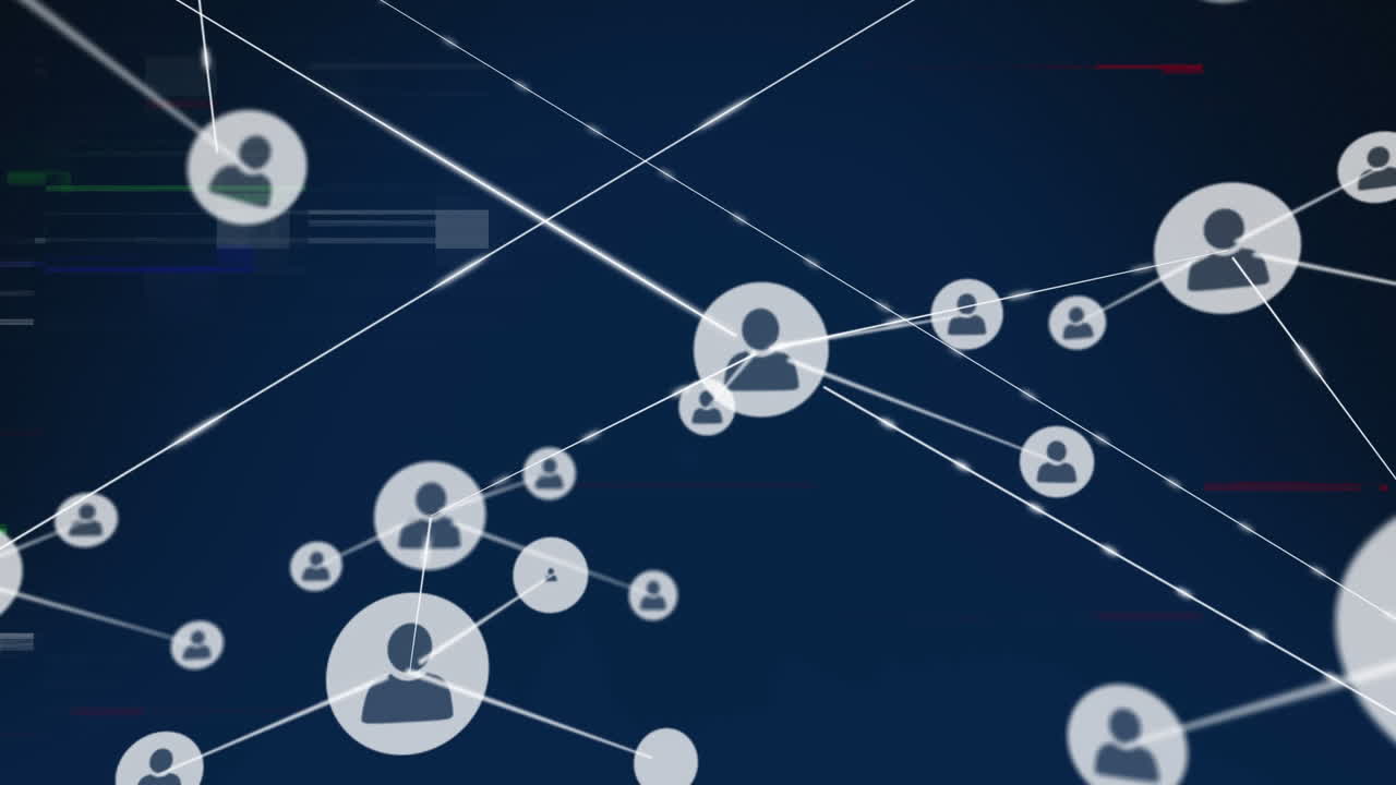 animación del efecto de glitch sobre la red de iconos de perfil contra fondo azul