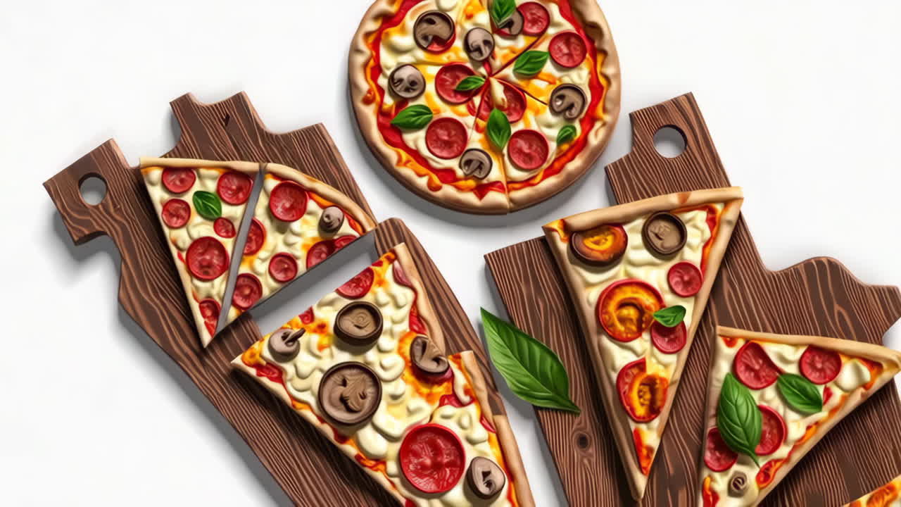 Assortment of Pepperoni and Mushroom Pizza Slices on Wooden Boards