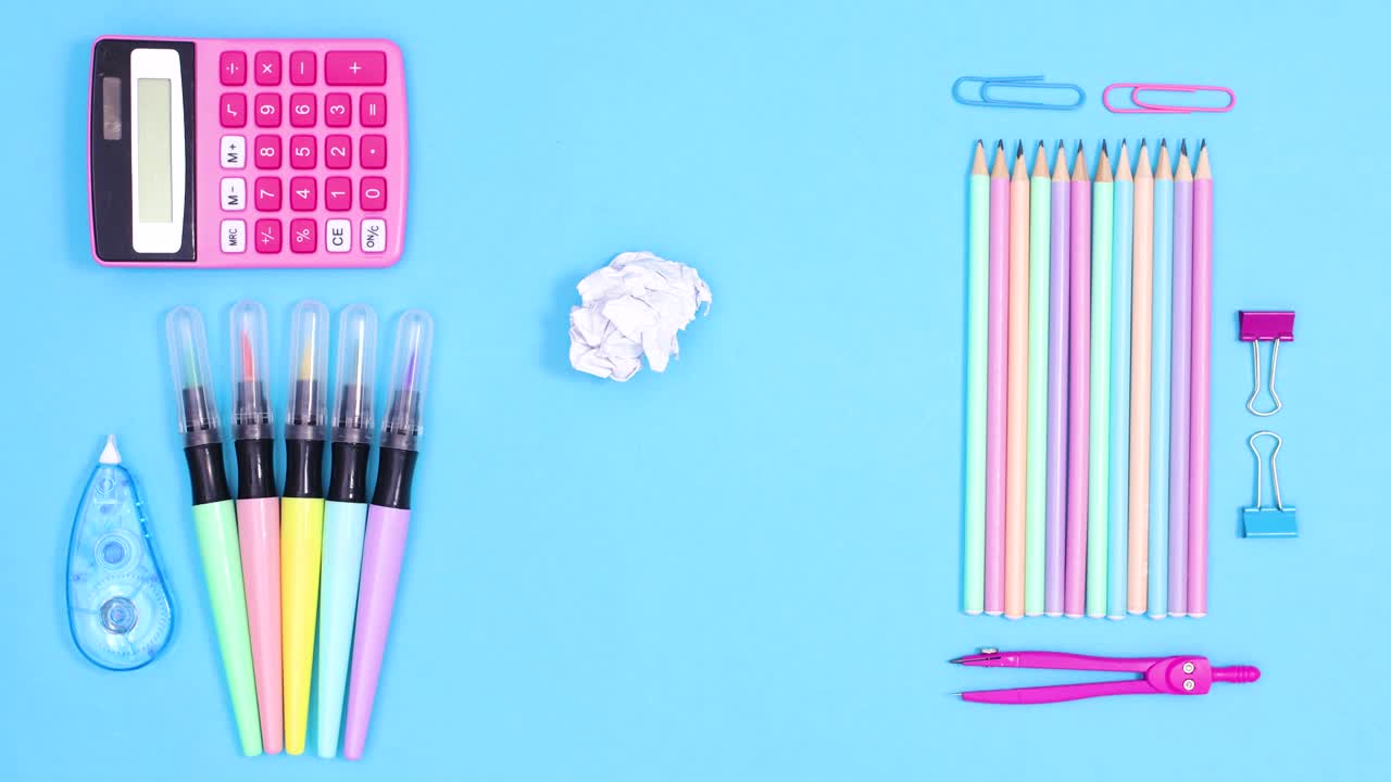 Ordering back to school accessories on blue theme and wrapped paper appear and unwrapping for text. Stop motion