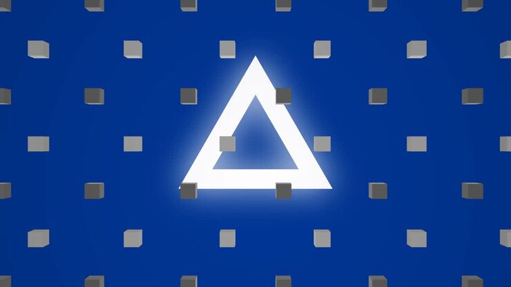Animación de un patrón de filas de cubos sobre triángulos en un fondo azul.