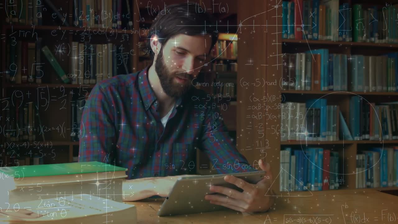 animación de fórmulas matemáticas sobre el estudiante caucásico