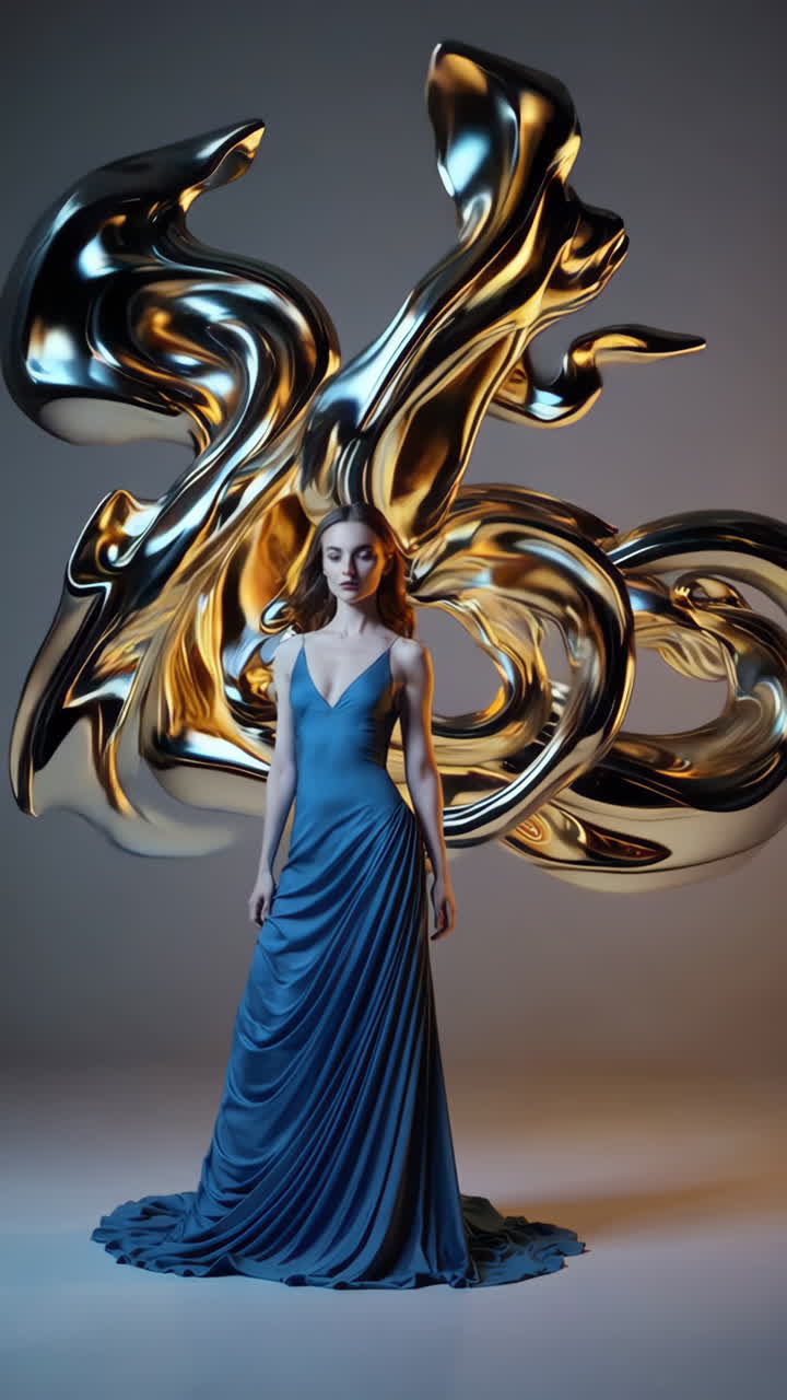 Elegant Woman in Blue Gown with Abstract Metallic Sculpture