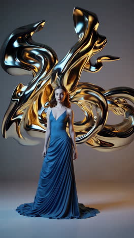 elegant woman in blue gown with abstract metallic sculpture
